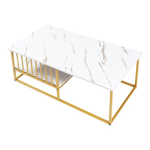 Table Basse Console D'appoint 120 X 60 X 42 Cm Effet Marbre Blanc Or 03_0010836