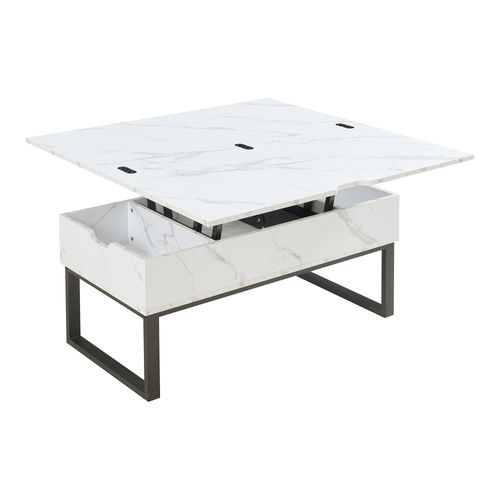 Table Basse Console D'appoint Avec Surface Relevable Et Rabattable Effet Marbre Blanc