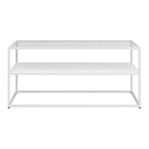 Table Basse Console D'appoint Avec Étagère Acier Verre Trempé 102 X 43 X 46 Cm Blanc