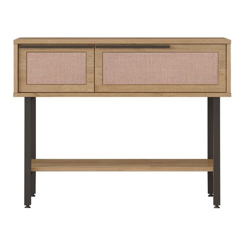 Table Console 100 X 30 X 76 Cm Effet Chêne Aspect Rotin Noir 03_0010879
