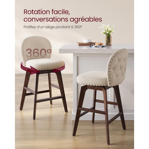 Tabourets De Bar Lot De 2 Pivotants Avec Dossier Et Pieds En Bois Assise En Tissu Che