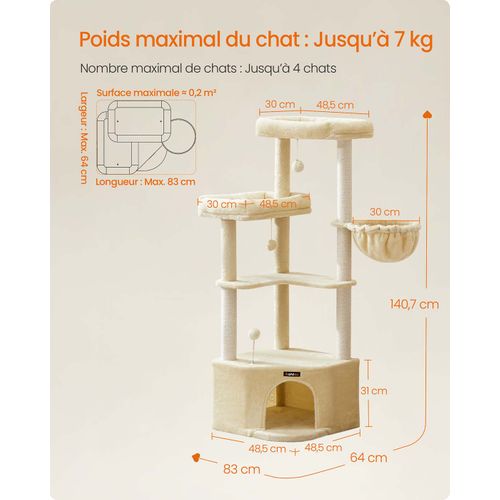 Arbre à Chat 485 X 485 X 1407 Cm Tour De Jeux Pour Chats Avec Niche Grandes Plateforme