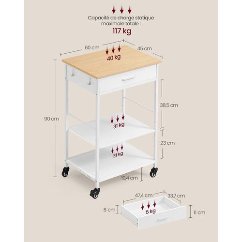 Desserte De Cuisine à Roulettes Îlot De Cuisine Mobile 45 X 60 X 90 Cm Avec Tiroir 2