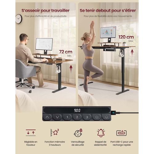 Bureau Électrique Réglable En Hauteur 140 X 70 Cm Support D'écran à Montage Flexible