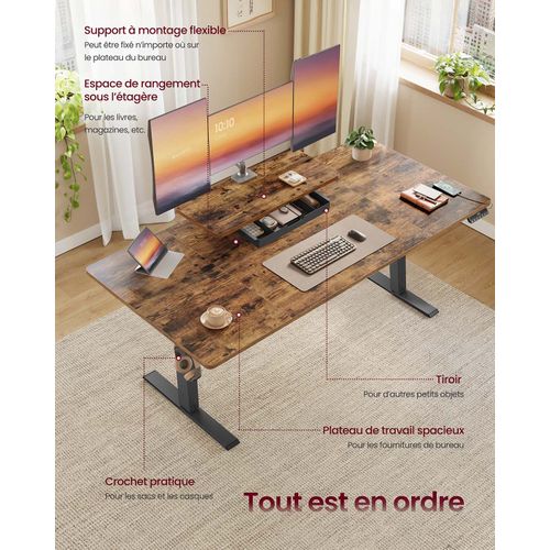 Bureau Électrique Réglable En Hauteur 140 X 70 Cm Support D'écran à Montage Flexible