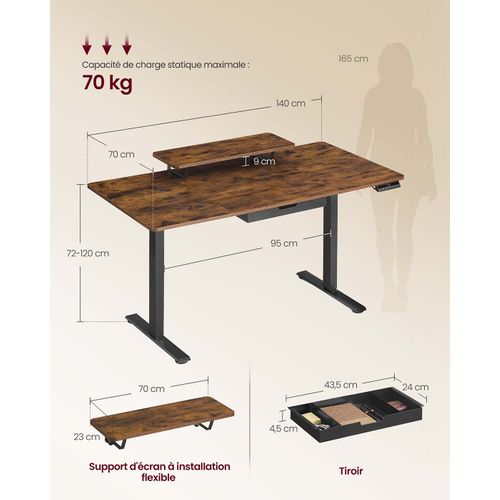Bureau Électrique Réglable En Hauteur 140 X 70 Cm Support D'écran à Montage Flexible