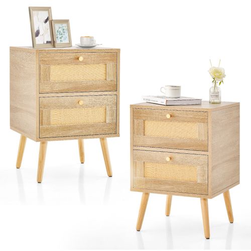 Lot De 2 Tables De Chevet En Rotin 40 X 40 X 59 Cm Avec 2 Tiroirs De Rangement Style