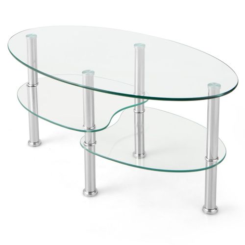 Table Basse Ovale 89 X 49,5 X 45 Cm Avec 3 Étagères De Rangement Style Moderne En Verre