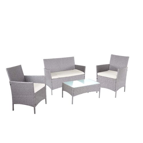 Ensemble De Salon De Jardin Avec Canapé Fauteuils Et Table En Polyrotin Gris Coussins Crème 04_000