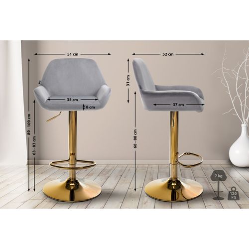 Lot De 2 Tabourets De Bar Repose-pieds Intégré Revêtement Velours Gris Structure En Métal Doré Tdb