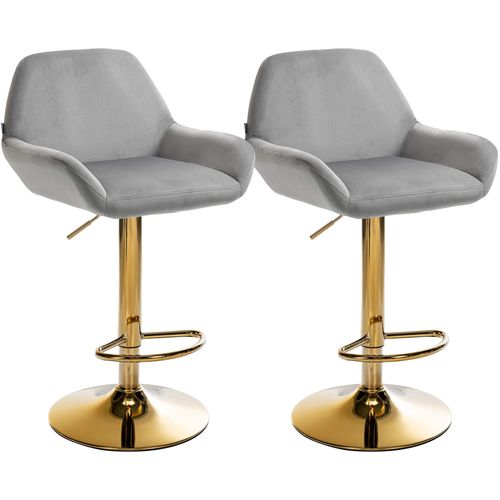Lot De 2 Tabourets De Bar Repose-pieds Intégré Revêtement Velours Gris Structure En Métal Doré Tdb