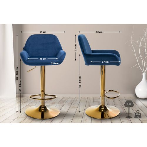 Lot De 2 Tabourets De Bar Repose-pieds Intégré Revêtement Velours Bleu Structure En Métal Doré Tdb