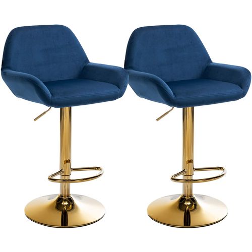 Lot De 2 Tabourets De Bar Repose-pieds Intégré Revêtement Velours Bleu Structure En Métal Doré Tdb