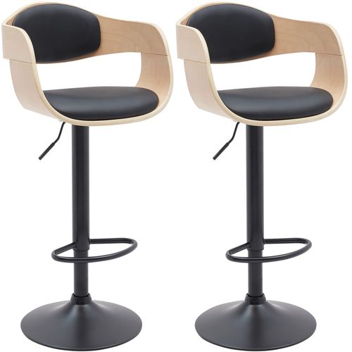 Set De 2 Tabourets De Bar Chaises Hautes Pieds Trompette En Métal Noir Assise En Bois Clair