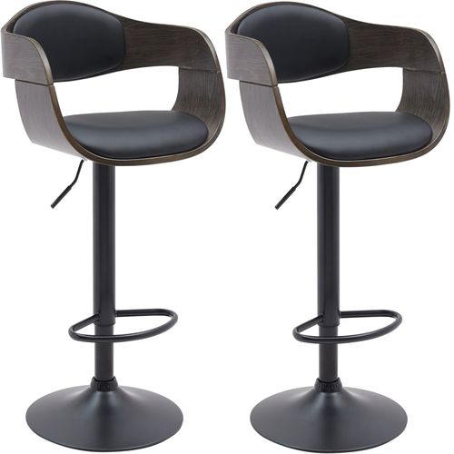 Set De 2 Tabourets De Bar Chaises Hautes Pieds Trompette En Métal Noir Assise En Bois Gris