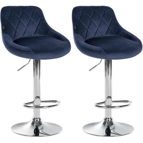 Set De 2 Tabourets De Bar Coutures Décoratives Losanges Assise En Velours Bleu Et Cadre En Métal