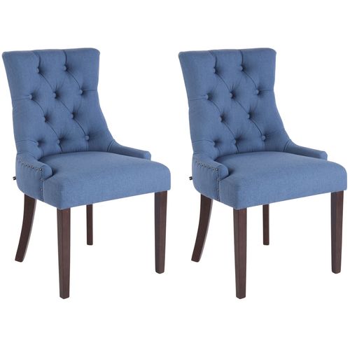 Lot De 2 Chaises De Salle à Manger Avec Boutons Décoratives Assise En Tissu Bleu Pieds Marron Fonc