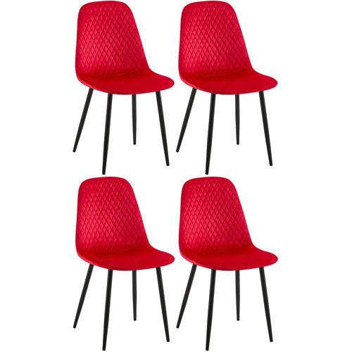 Lot De 4 Chaises De Salle à Manger Coutures Décoratives Losanges Assise En Velours Rouge Pieds Mét