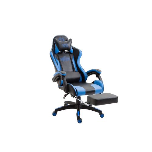 Fauteuil De Bureau Repose-pieds Télescopique Design Sportif Gamer En Pvc Noir / Bleu Et Plastique