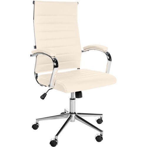 Fauteuil De Bureau En Cuir Véritable Crème Surpiqûre Horizontale Et Pieds Métal Chromé 10_0002555