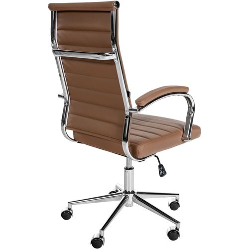 Fauteuil De Bureau En Cuir Véritable Marron Clair Surpiqûre Horizontale Et Pieds Métal Chromé 10_0