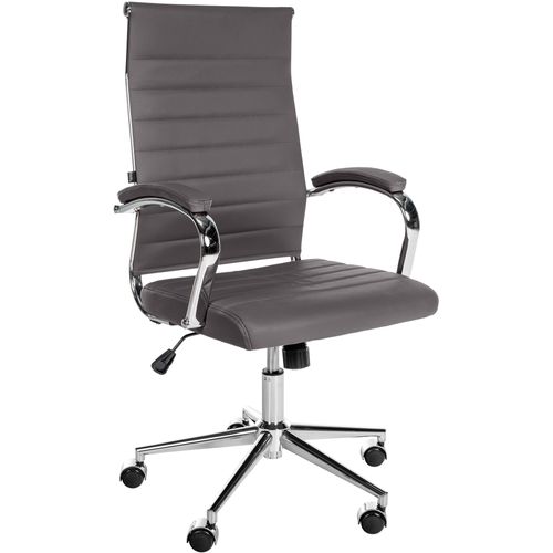 Fauteuil De Bureau En Cuir Véritable Gris Surpiqûre Horizontale Et Pieds Métal Chromé 10_0002558