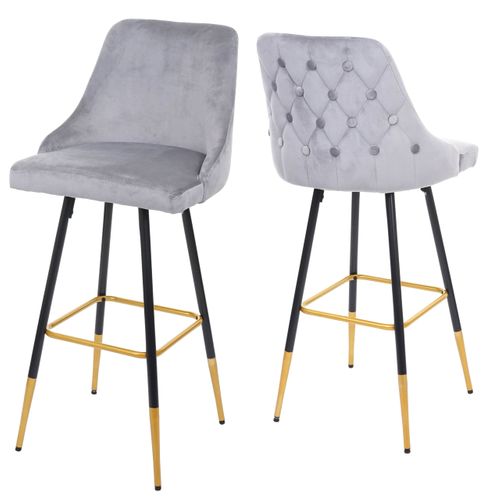 2x Tabourets De Bar Comptoir Chaise Haute Pieds Dorés En Velours Design Rétro Gris Dossier Capiton