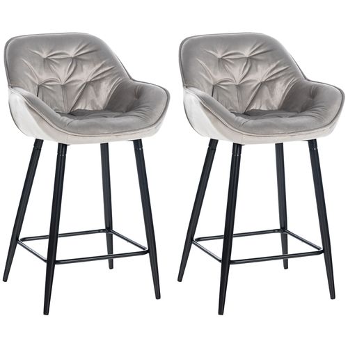 Lot De 2 Tabourets De Bar Chaises Hautes Assise Effet Capitonnée En Velours Gris Et Métal Noir 10_