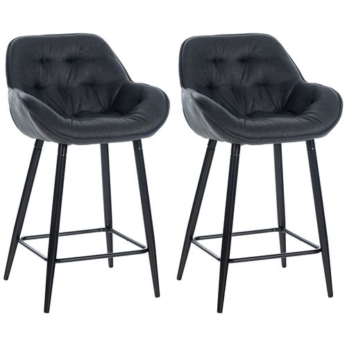 Lot De 2 Tabourets De Bar Chaises Hautes Assise Effet Capitonnée En Tissu Gris Foncé Et Métal Noir