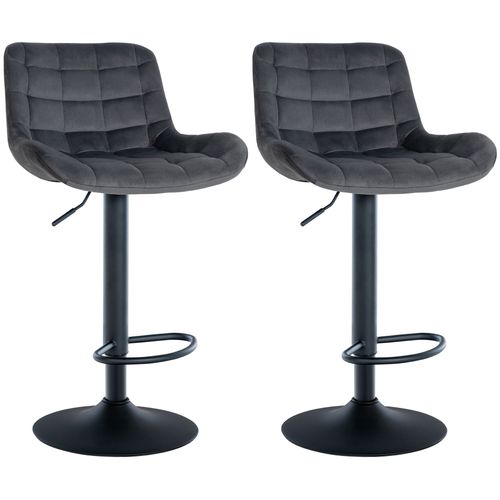 Lot De 2 Tabourets De Bar Structure Métallique Noir Assise En Velours Gris Foncé Avec Surpiqûres 1