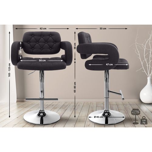 Tabouret De Bar X1 Avec Repose-pied Et Accoudoirs Capitonné En Tissu Noir Support En Métal Chromé