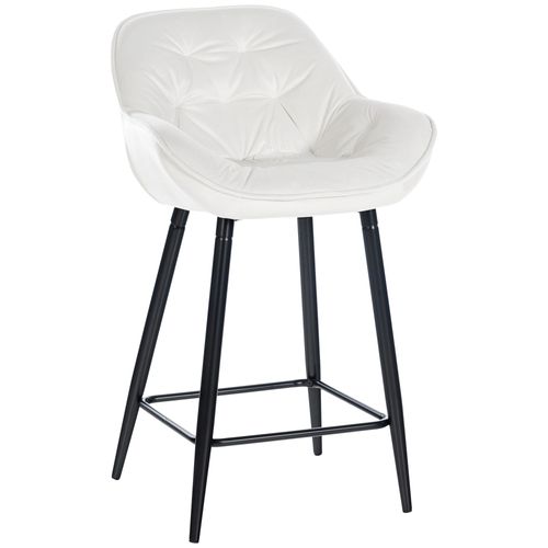 Tabouret De Bar Chaise Haute X1 Assise Effet Capitonnée En Velours Blanc Crème Et Métal Noir 10_00