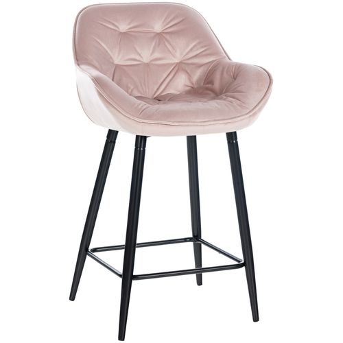 Tabouret De Bar Chaise Haute X1 Assise Effet Capitonnée En Velours Rose Et Métal Noir 10_0004889