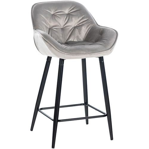 Tabouret De Bar Chaise Haute X1 Assise Effet Capitonnée En Velours Gris Et Métal Noir 10_0004894
