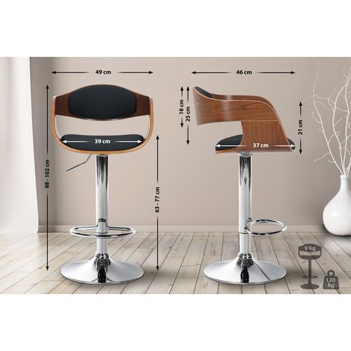 Tabouret De Bar X1 Design Scandinave En Pvc Noir Et Structure En Bois Noyer Pieds Métal Chromé 10_