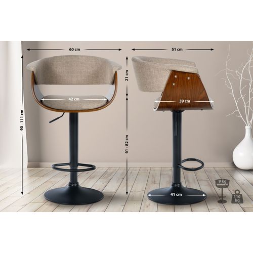 Tabouret De Bar Design Moderne Siège Réglable En Hauteur Et Pivotant En Tissu Crème Coque En Bois