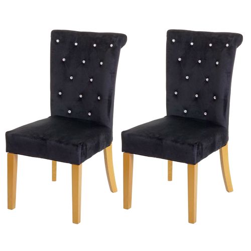 Lot De 2 Chaises à Manger Cuisine En Velours Noir Avec Décoration Bouton Cristal Pieds Bois Clairs