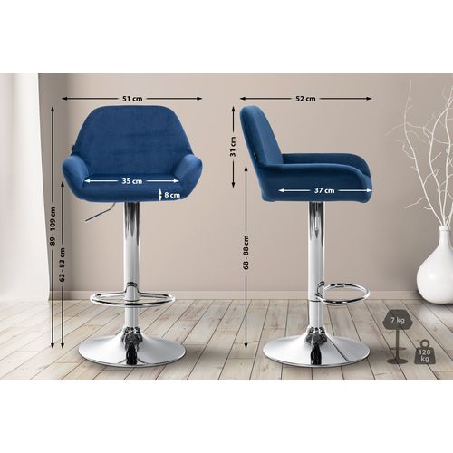 Lot De 2 Tabourets De Bar Repose-pieds En Forme D'arc En Métal Chromé Assise En Velours Bleu Tdb10