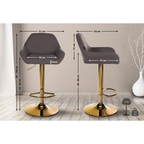 Lot De 2 Tabourets De Bar Repose-pieds En Forme D'arc En Métal Doré Assise En Tissu Gris Foncé Tdb