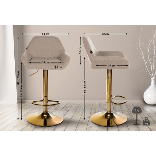 Lot De 2 Tabourets De Bar Repose-pieds En Forme D'arc En Métal Doré Assise En Tissu Taupe Tdb10796