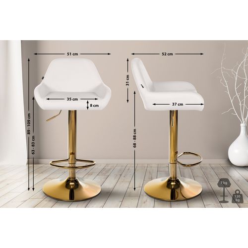Lot De 2 Tabourets De Bar Repose-pieds En Forme D'arc En Métal Doré Assise En Pvc Blanc Tdb10800