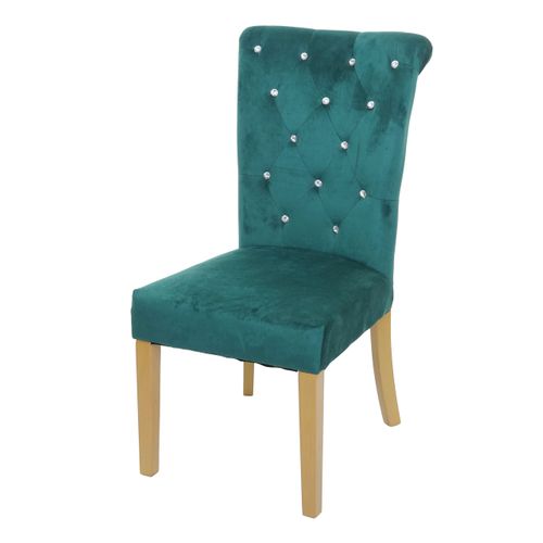 Chaise à Manger Cuisine En Velours Vert Foncé Avec Décoration Bouton Cristal Pieds Bois Clairs 04_