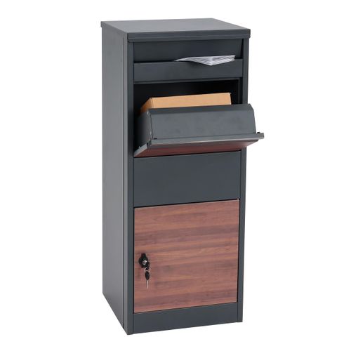 Boîte à Colis Boîte Aux Lettres Sur Pied Acier Galvanisé Anthracite Aspect Bois Foncé 04_0005913
