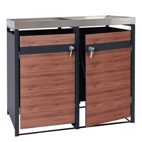 Abris Poubelles Deux Compartiments Vérouillable Avec Bac à Plantes En Métal Anthracite Aspect Bois