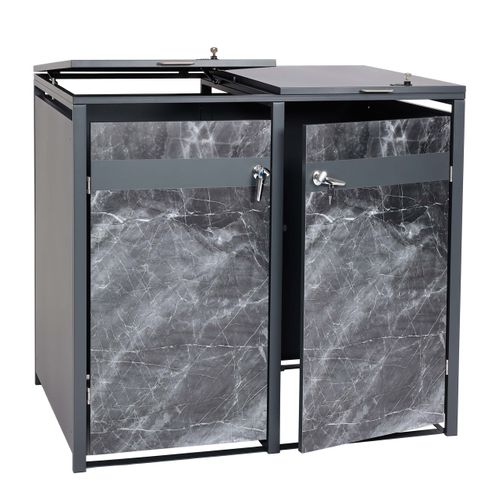 Abris Poubelles Vérouillable En Deux Compartiments Métal Aspect Marbre Anthracite Foncé 04_0006997