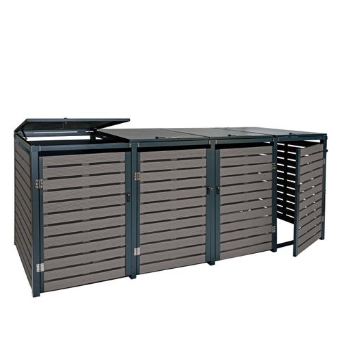 Abris Poubelles 4 Compartiments Vérouillables 119 X 264 X 84 Cm Wpc Et Acier Galvanisé Anthracite