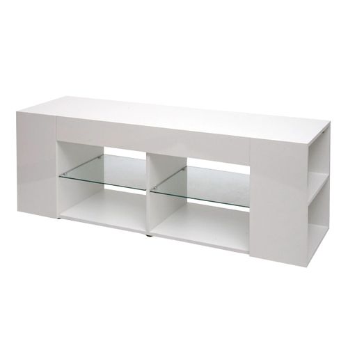 Meuble TV Avec 2 Étagères En Verre 50 X 144 X 40 Cm Compartiment De Rangement Blanc Brillant 04_00