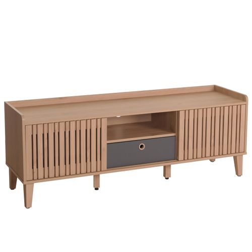 Meuble TV Porte Coulissante 3 Compartiments De Rangement Bois De Manguier 56 X 150 X 40 Cm Tiroir