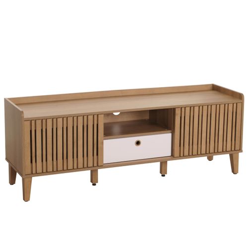 Meuble TV Porte Coulissante 3 Compartiments De Rangement Bois De Manguier 56 X 150 X 40 Cm Tiroir