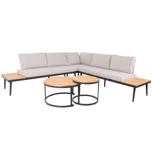 Salon De Jardin Avec Deux Tables D'appoint En Bois D'acacia Marron Pieds Acier Coussins Clair